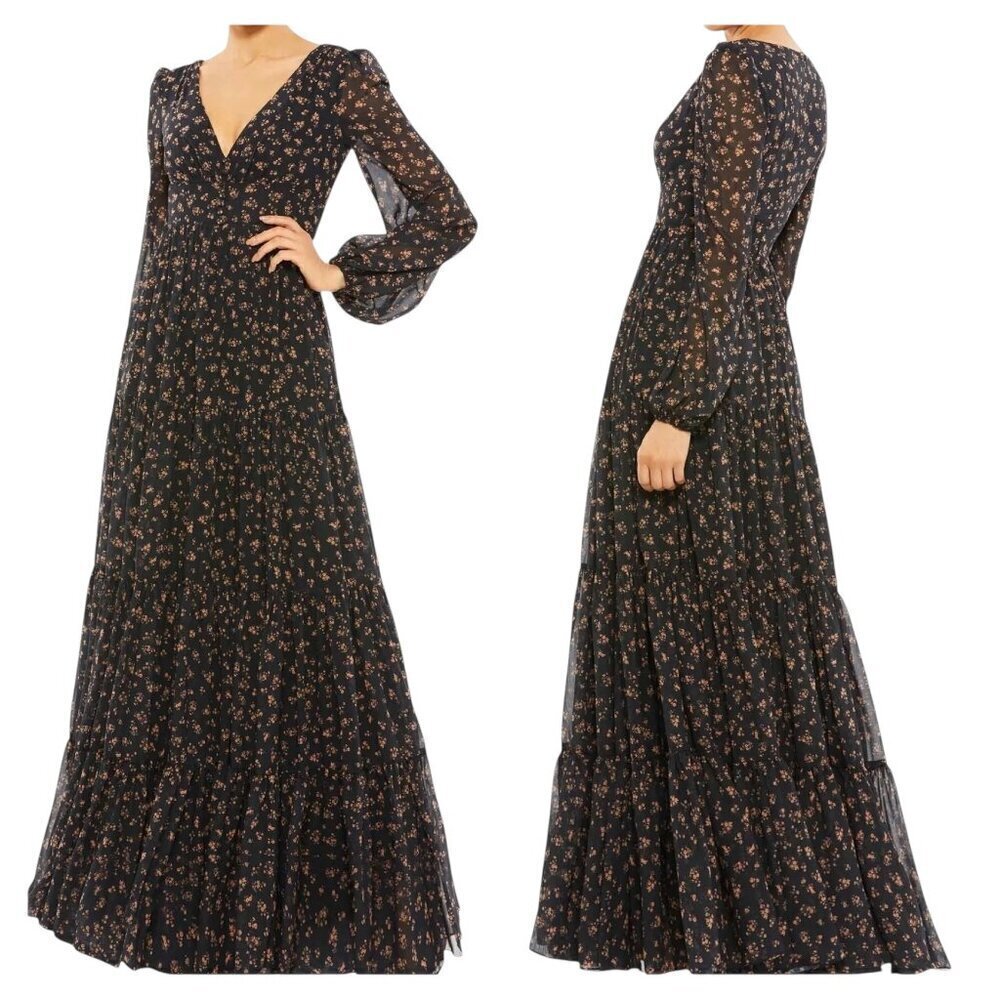 Mac Duggal 55431 Black Floral Chiffon Gown Bishop Sleeve Maxi Size 2